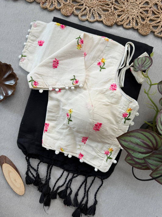 Black Handloom Cotton Saree With Embroidery Stitched Blouse