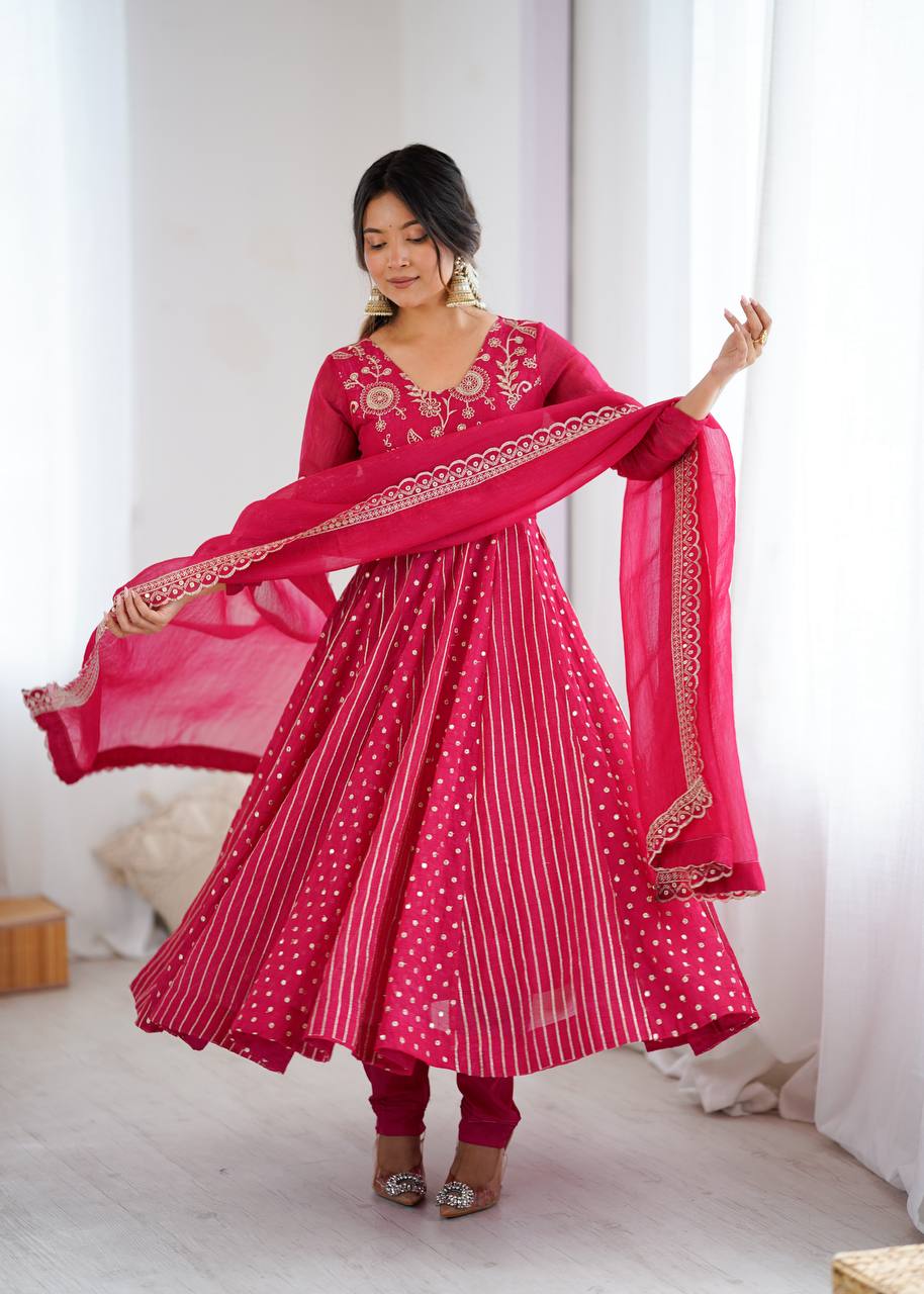 Vibrant Rani Pink Crunchy Silk Anarkali Suit Set with Floral Embroidery