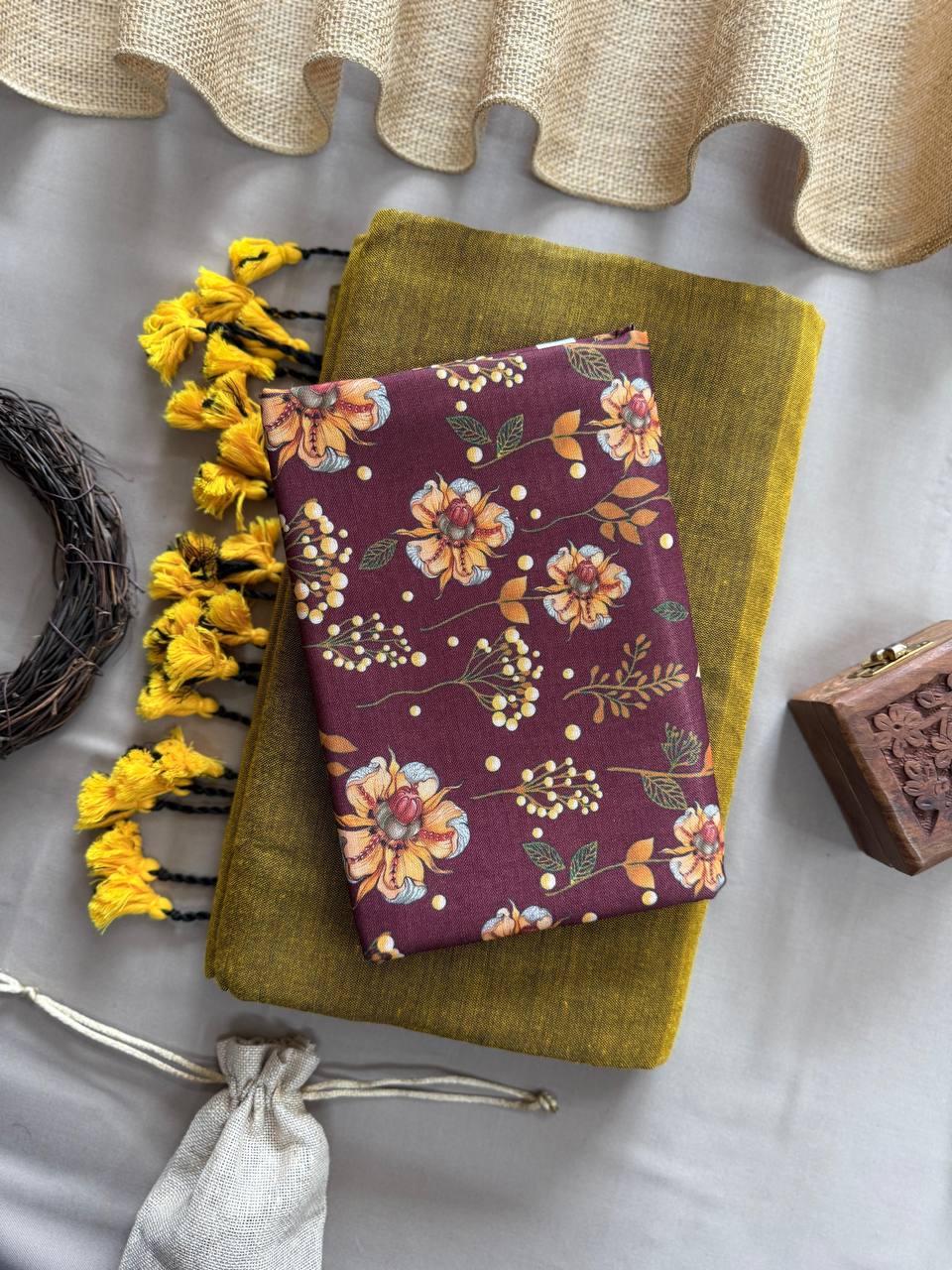 Lemon Yellow Handloom Cotton Saree With Flower Printed Blouse