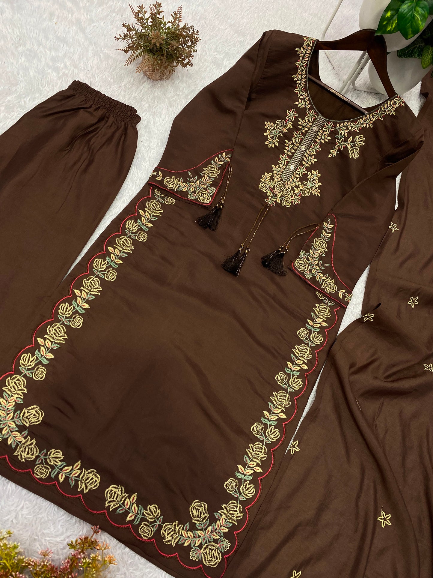 Elegant Brown Embroidered Roman Silk Suit Set with Dupatta