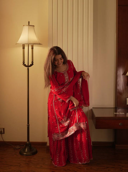 Festive Red Fox Georgette Designer Suit Set with Pearl Accent Dupatta
