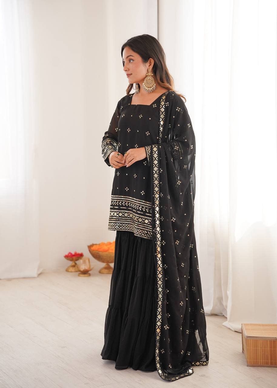 Black Pure Heavy Georgette Embroidery Sharara Suit Set