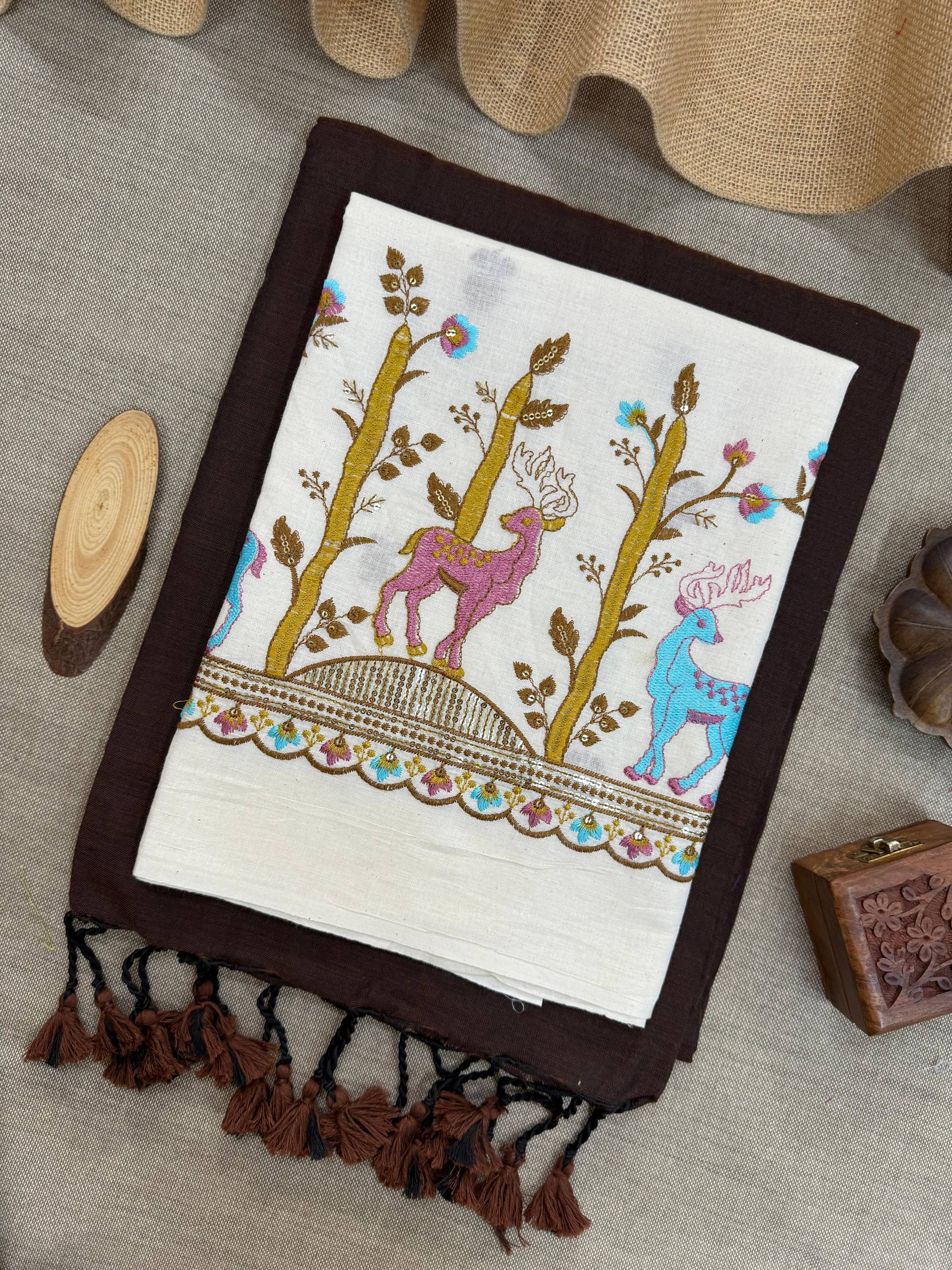 BROWN HANDLOOM COTTON SAREE WITH EMBROIDERY WORK BLOUSE