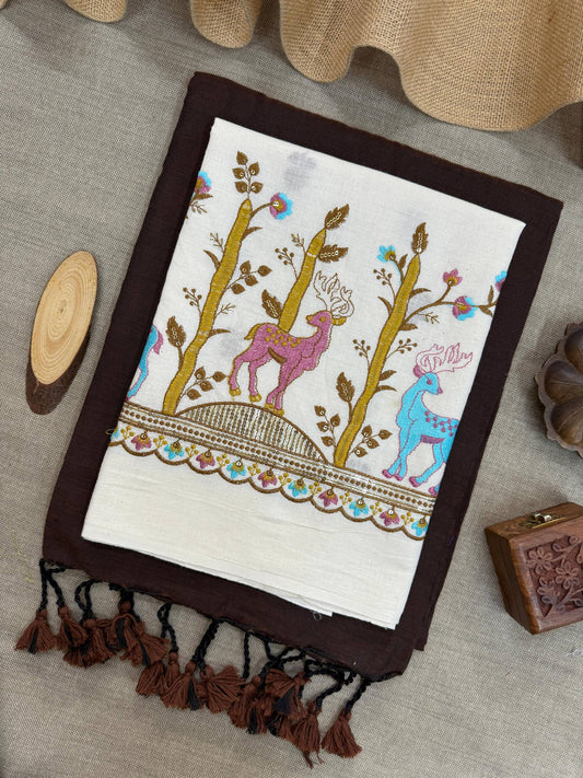 BROWN HANDLOOM COTTON SAREE WITH EMBROIDERY WORK BLOUSE