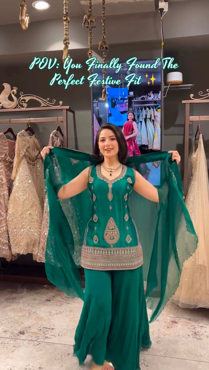 Emerald Green Rangoli Silk Indo-Western Set with Sequins Embroidered Cape Shrug