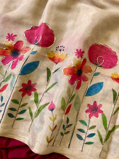 Elegant Beige Floral Handcrafted Aari Work Tissue Silk Saree