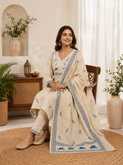 Elegant Pure Khadi Cotton Printed Salwar Suit with Sequence Handwork
