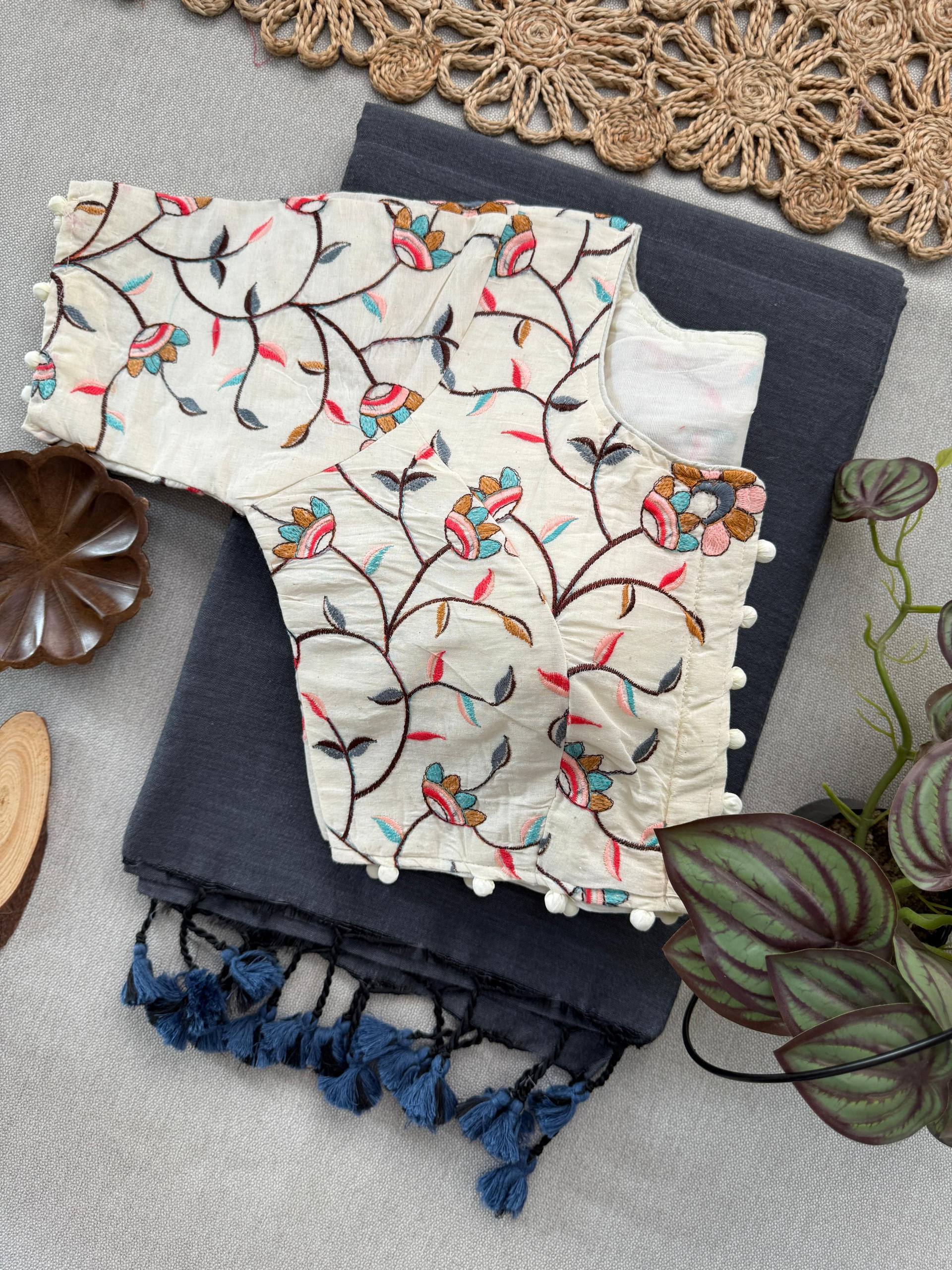 Gray Handloom Cotton Saree With Havy Embroidery Stitched Blouse