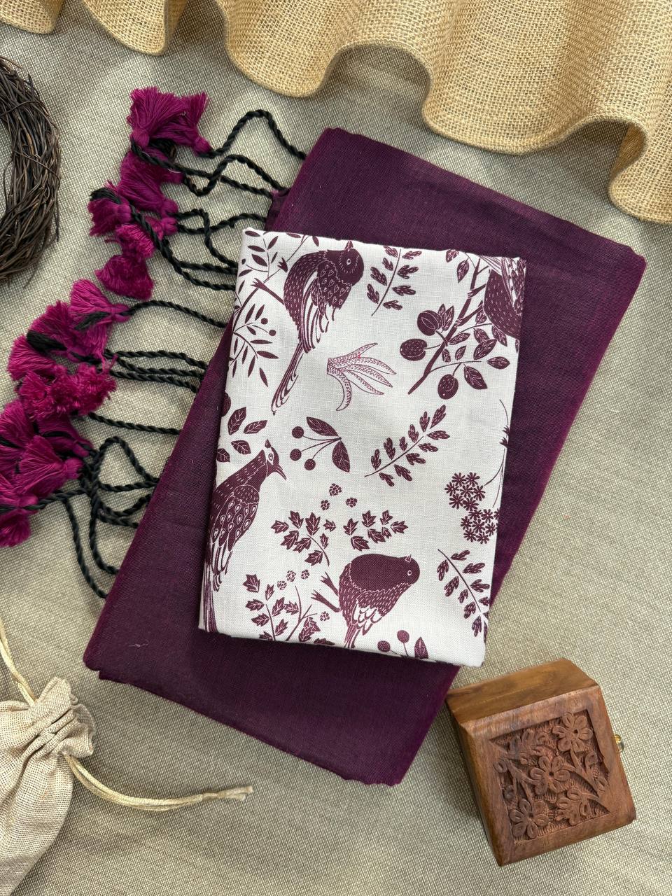 TRENDY - WINE HANDLOOM COTTON SAREE WITH PRINTED BLOUSE