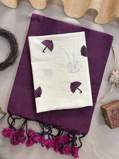 Wine Handloom Cotton Saree With Trandy Embroidery Blouse