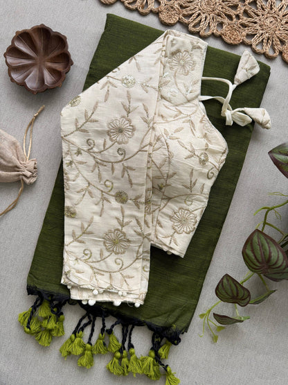 Slavia- Mahendi Handloom Cotton Saree With Havy Embroidery Work Stitched Blouse