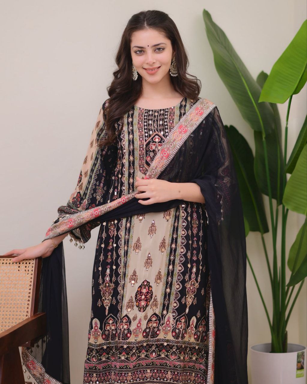 Elegant Black & Beige Printed Model Satin Suit Set with Fancy Mirror Work