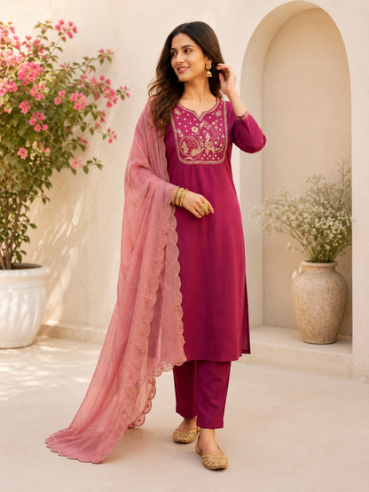 New Designer Magenta Premium Roman Silk Embroidered Suit Set