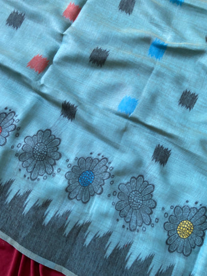 Very Attractive Slate Blue Floral Woven Soft Muga Cotton Saree