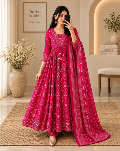 Premium Rani Pink Cotton Anarkali Suit Set