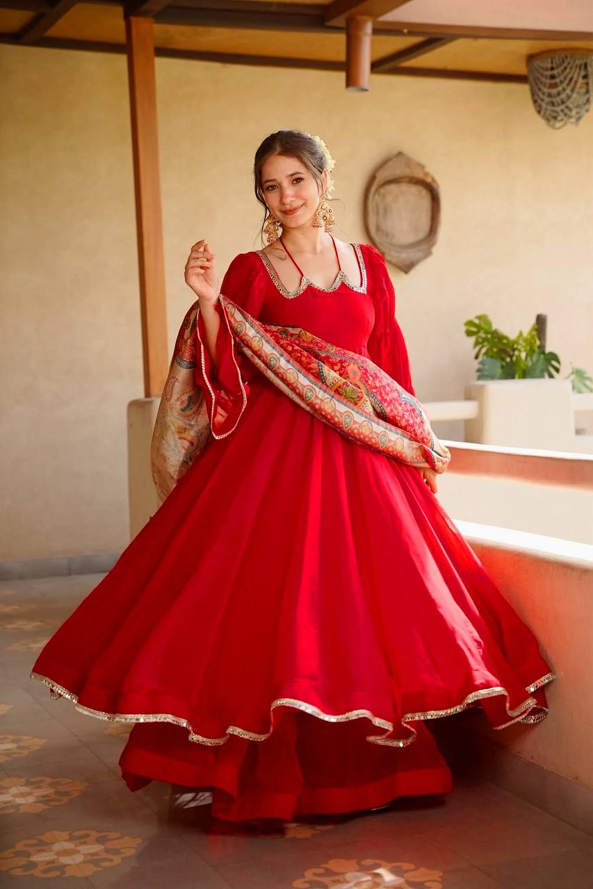 Premium Red Tabby Silk Anarkali Suit With Printed Dupatta