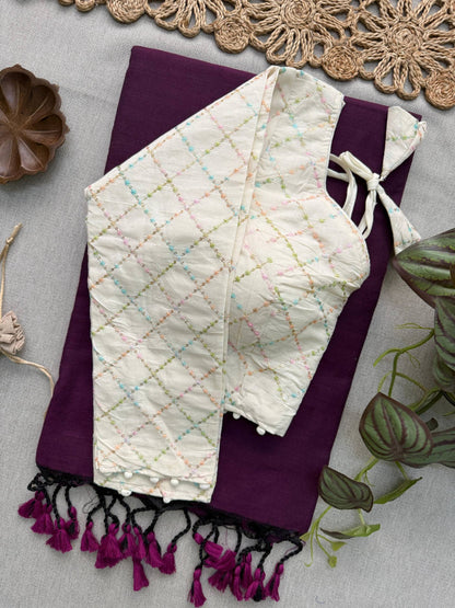 Attractive - Wine Handloom Cotton Saree With Havy Embroidery Work Stitched Blouse