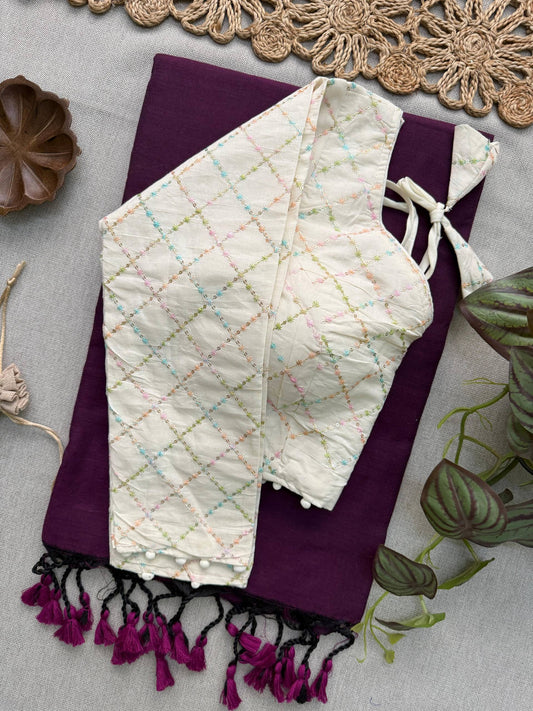 Attractive - Wine Handloom Cotton Saree With Havy Embroidery Work Stitched Blouse