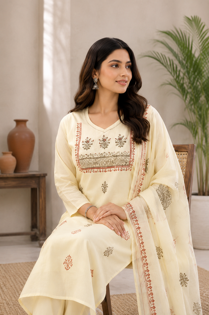 Ivory Cream Pure Cotton Hand Block Print Kurta Pant Set