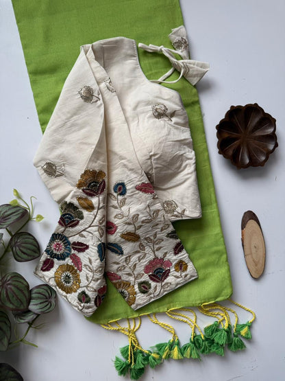 Dharma Exclusive - Parrot Handloom Cotton Saree With Havy Embroidery Stitched Blouse