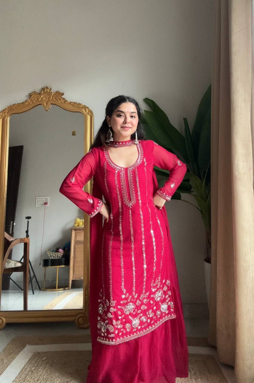 Premium Rani Pink Georgette Sharara Suit with Heavy Sequin Embroidery Work