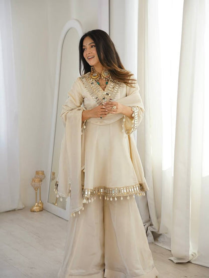 Tebby Organza Silk Peplum Sharara Set with Real Mirror Work Border