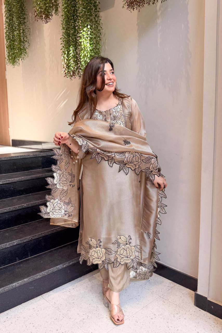 New Designer Jimmy Choo Silk Embroidered Suit Set with Dupatta