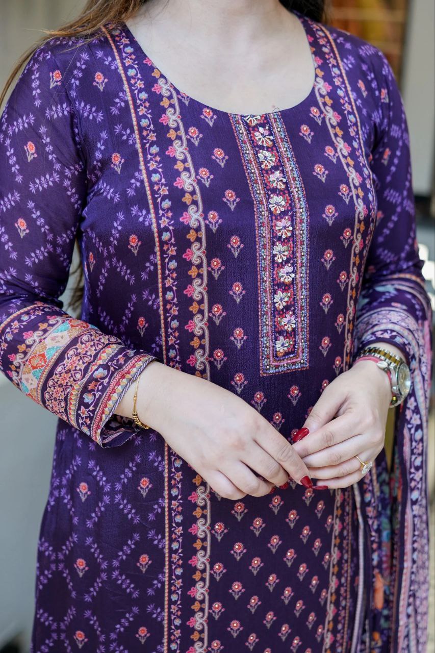 Royal Purple Chinon Silk Salwar Suit with Original Mirror Hand Work
