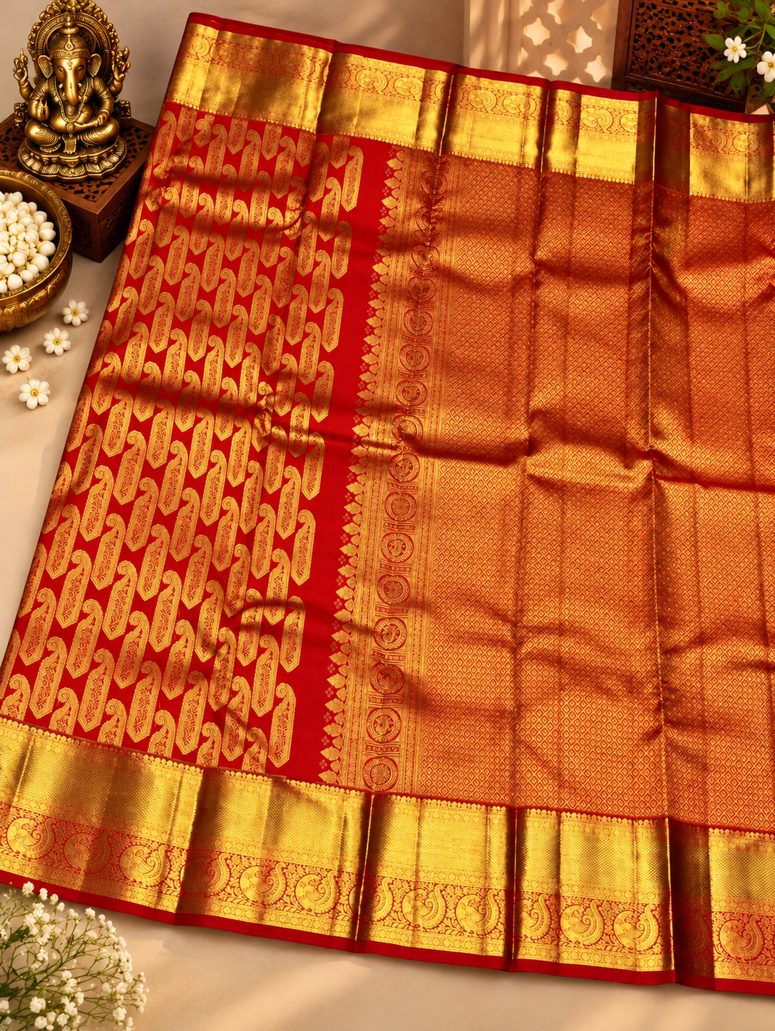Traditional Royal Red Soft Banarasi Silk Saree With Vibrant Blouse Piece