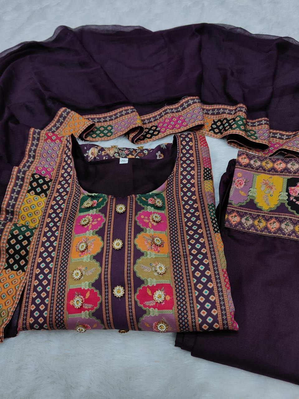 Elegant Purple Printed Model Satin Suit Set with Fancy Mirror Work