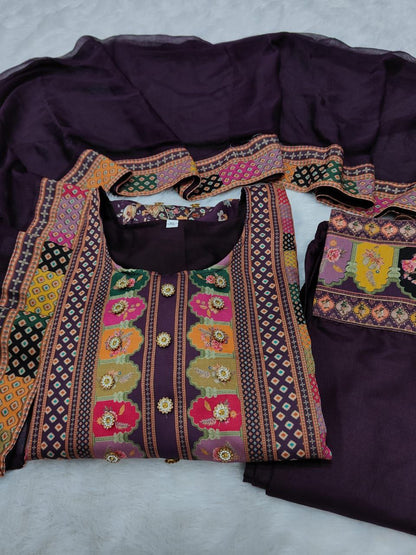 Elegant Purple Printed Model Satin Suit Set with Fancy Mirror Work