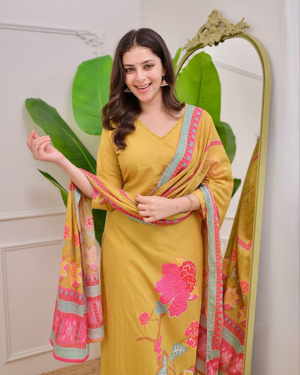 Designer Mustard Yellow Muslin Silk Suit Set with Premium Digital Floral Print