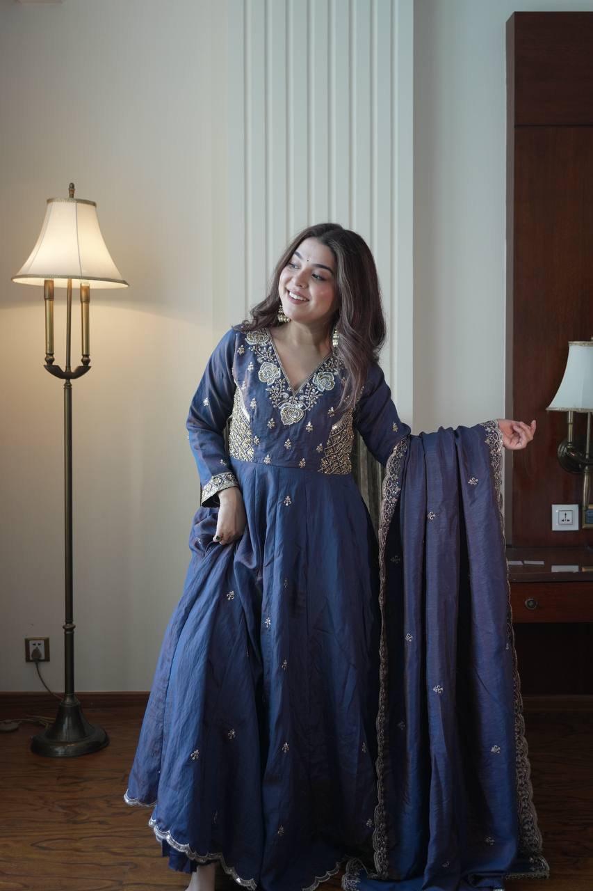 Deep Indigo Embroidered Vichitra Silk Anarkali Suit Set with Dupatta