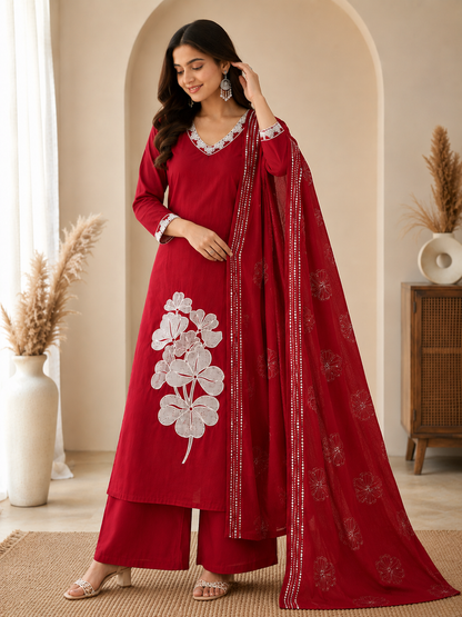 Very Beautiful Red Floral Embroidered Cotton Suit Set