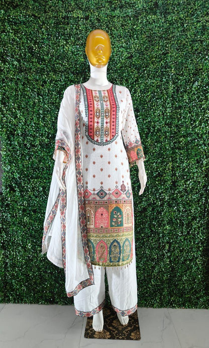 Elegant White Printed Muslin Suit Set with Sequin Embroidery Work