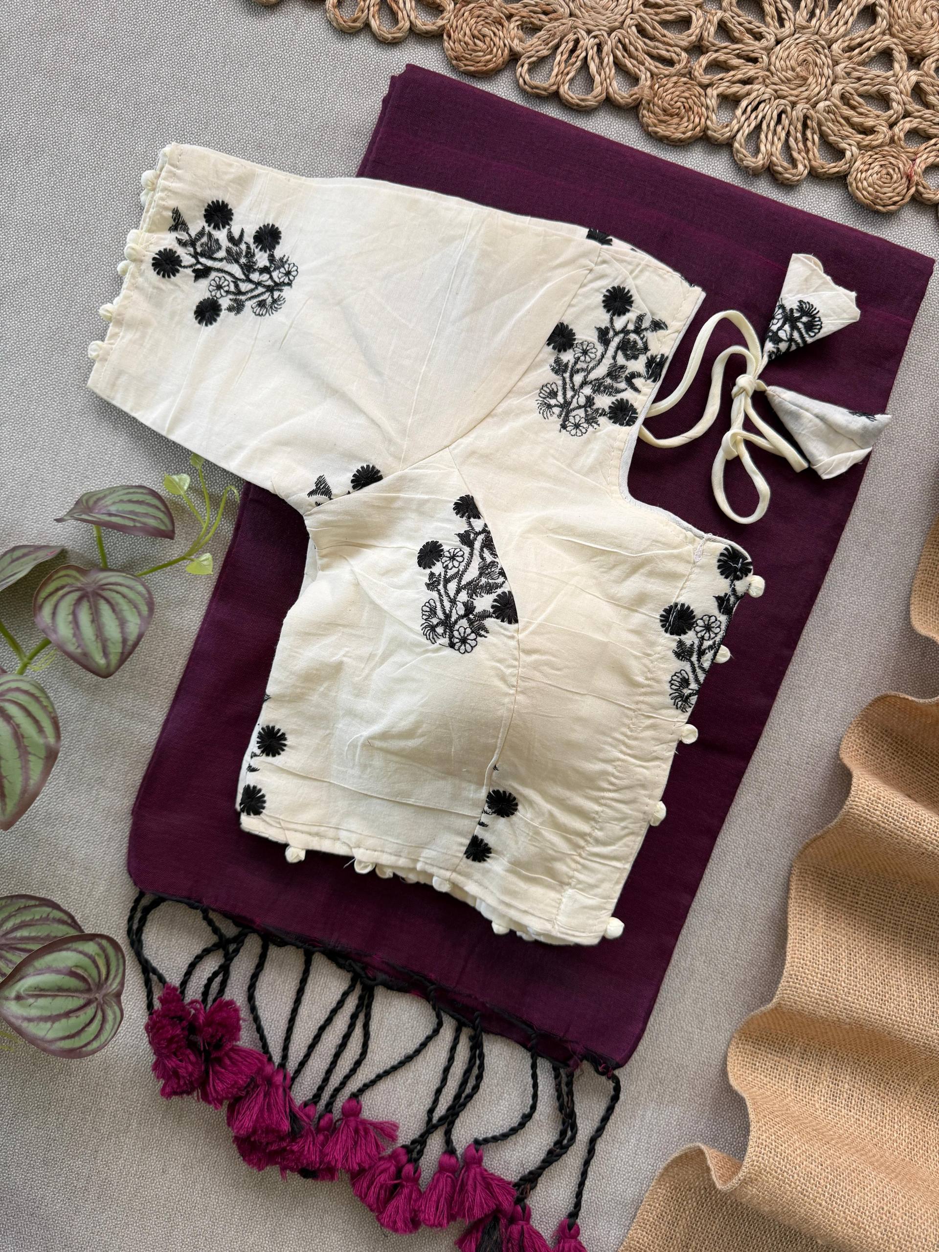 Beautiful - Wine Handloom Cotton Saree With Havy Embroidery Stitched Blouse