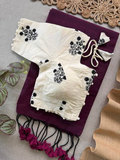 Beautiful - Wine Handloom Cotton Saree With Havy Embroidery Stitched Blouse