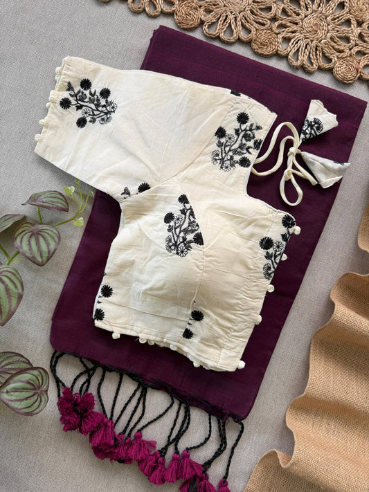 Beautiful - Wine Handloom Cotton Saree With Havy Embroidery Stitched Blouse