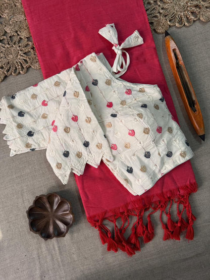 Dharma Exclusive - Pink Handloom Cotton Saree With Havy Embroidery Stitched Blouse