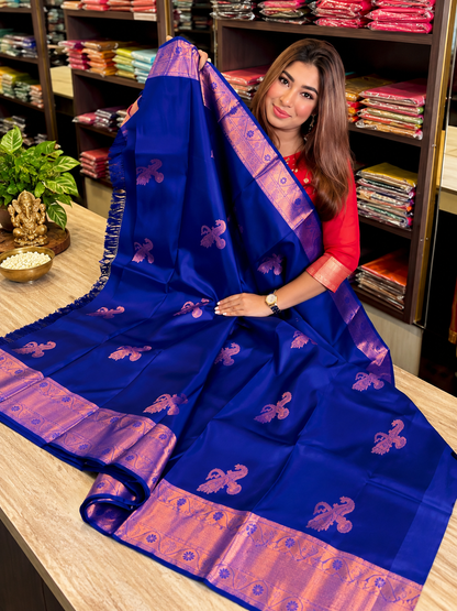 Royal Blue Soft Banarasi Silk Saree with Copper Zari Bird Motifs
