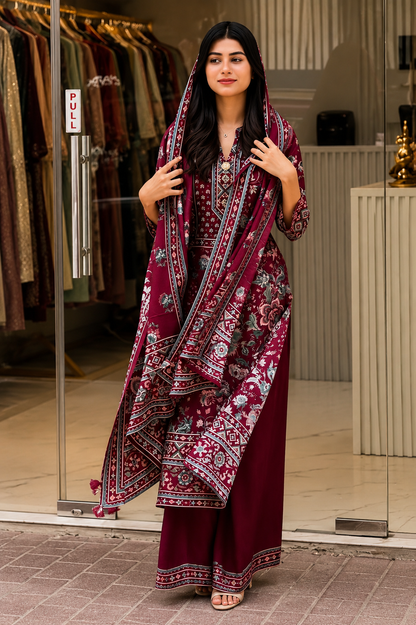 Designer Wine Soft Muslin Digital Floral Salwar Suit Set