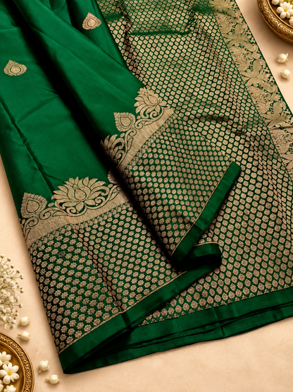 Emerald Green Soft Banarasi Silk Saree with Attractive Blose Piece