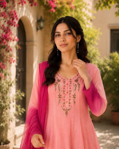 Designer Premium Orange Chiffon Embroidered Anarkali Suit Set