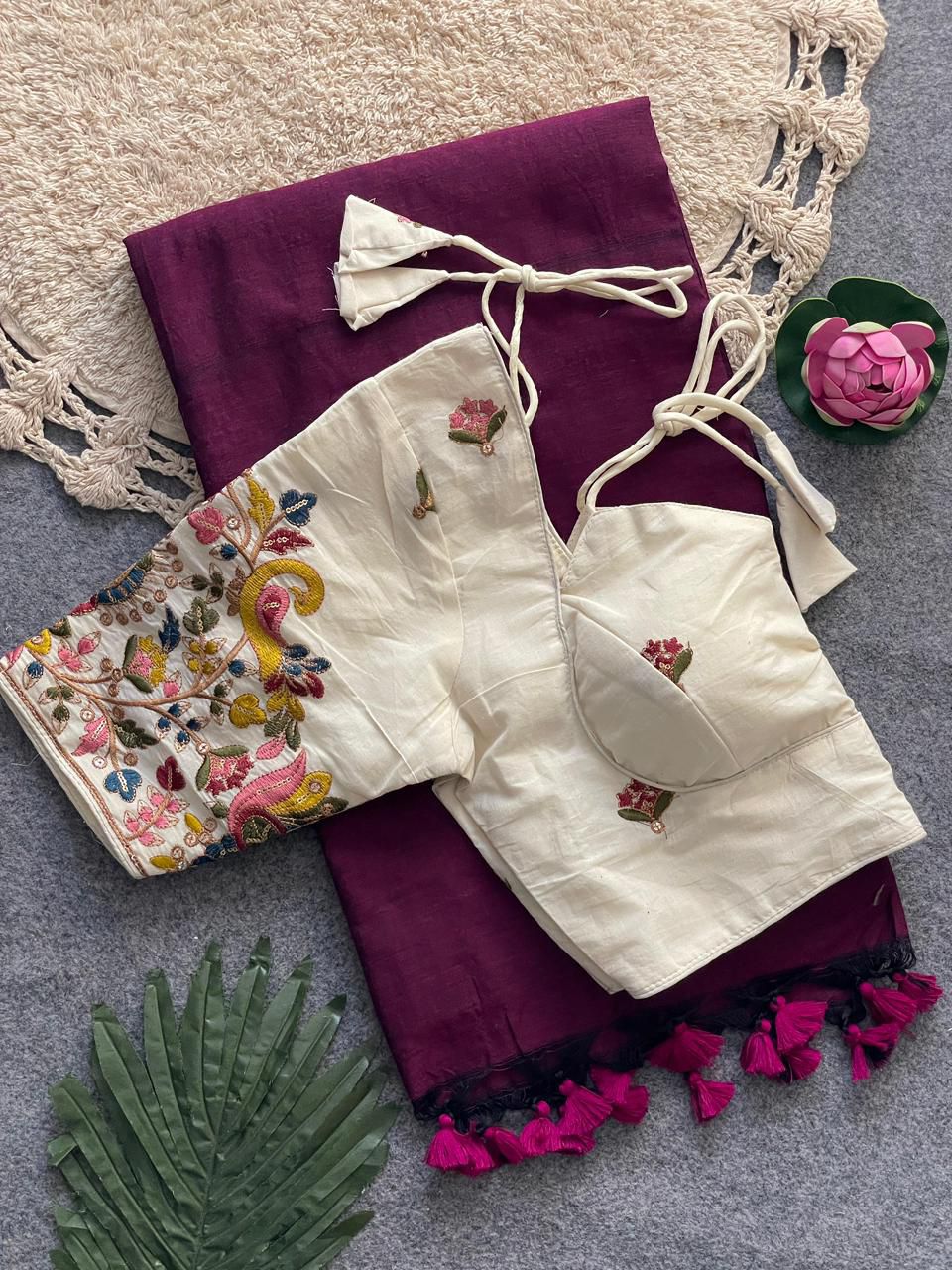 Dharma Exclusive - Wine Handloom Cotton Saree With Havy Embroidery Stitched Blouse