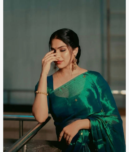 Mul Cotton Raga Tissue : Bluish Green with Tassels