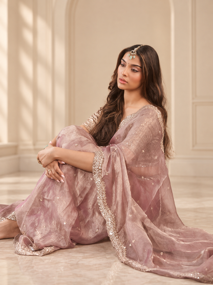 New Designer Rose Gold Tissue Salsa Crush Saree