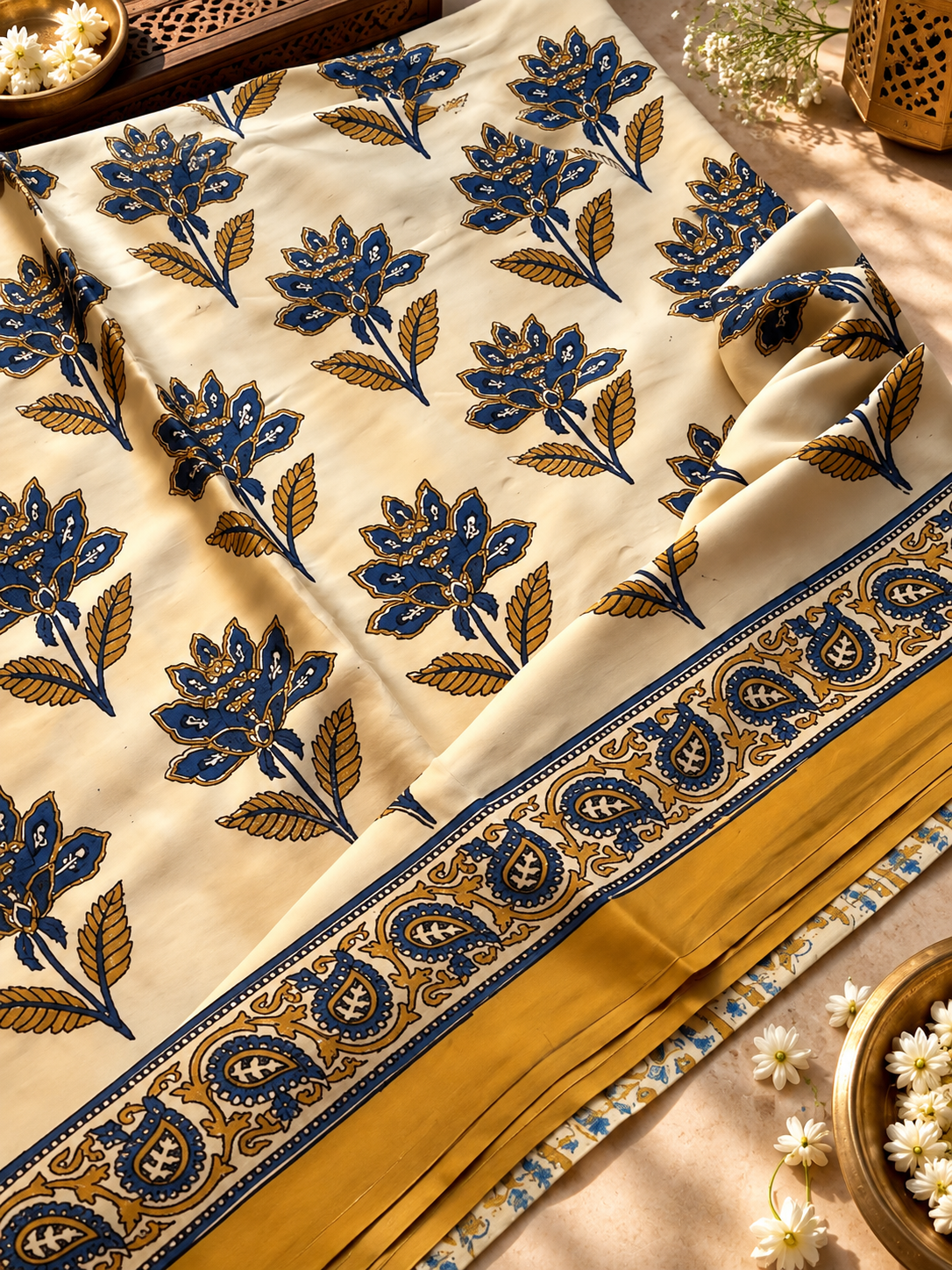 Elegant Cream & Mustard Yellow Floral Hand Block Printed Modal Silk Saree