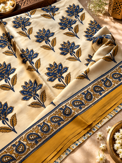 Elegant Cream & Mustard Yellow Floral Hand Block Printed Modal Silk Saree