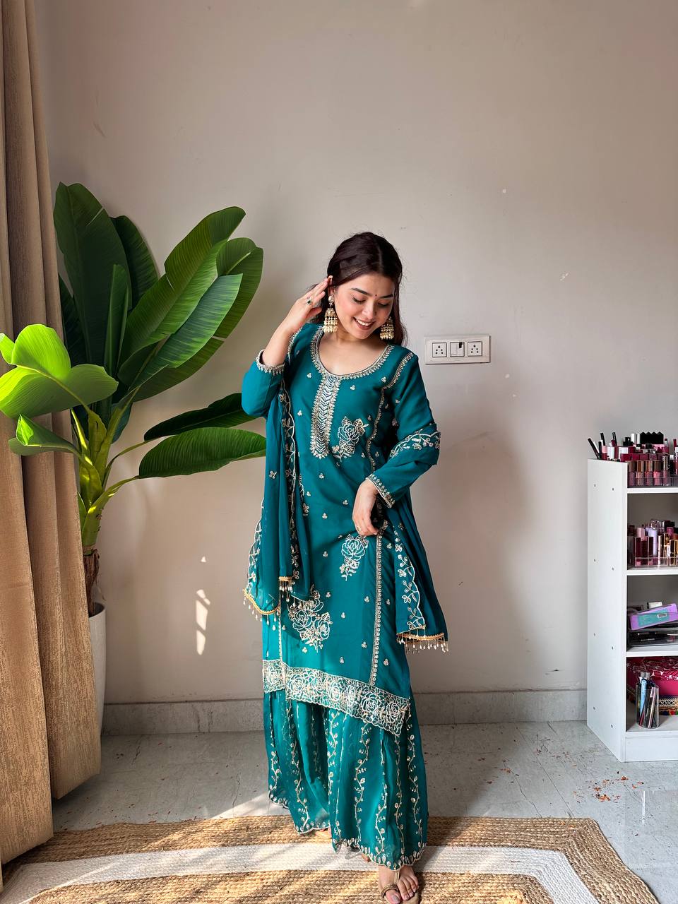 Festive Teal Green Fox Georgette Designer Suit Set with Embroidered Dupatta