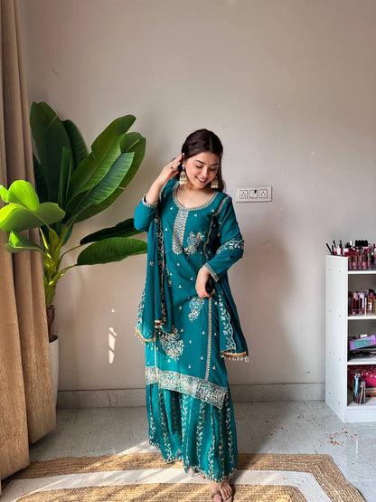 Festive Teal Green Fox Georgette Designer Suit Set with Embroidered Dupatta